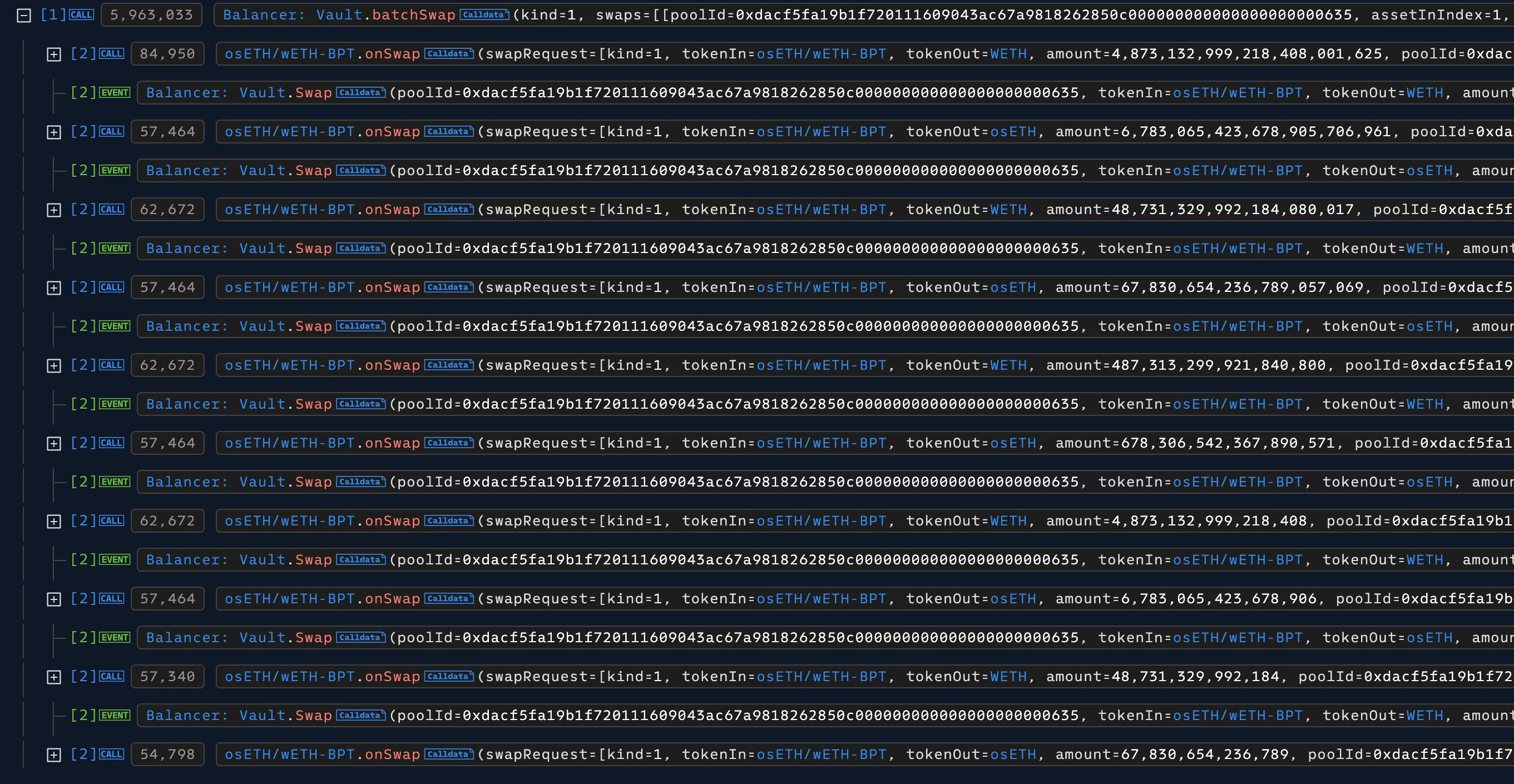 Screenshot showing the multiple chained batch swaps in the transaction traces