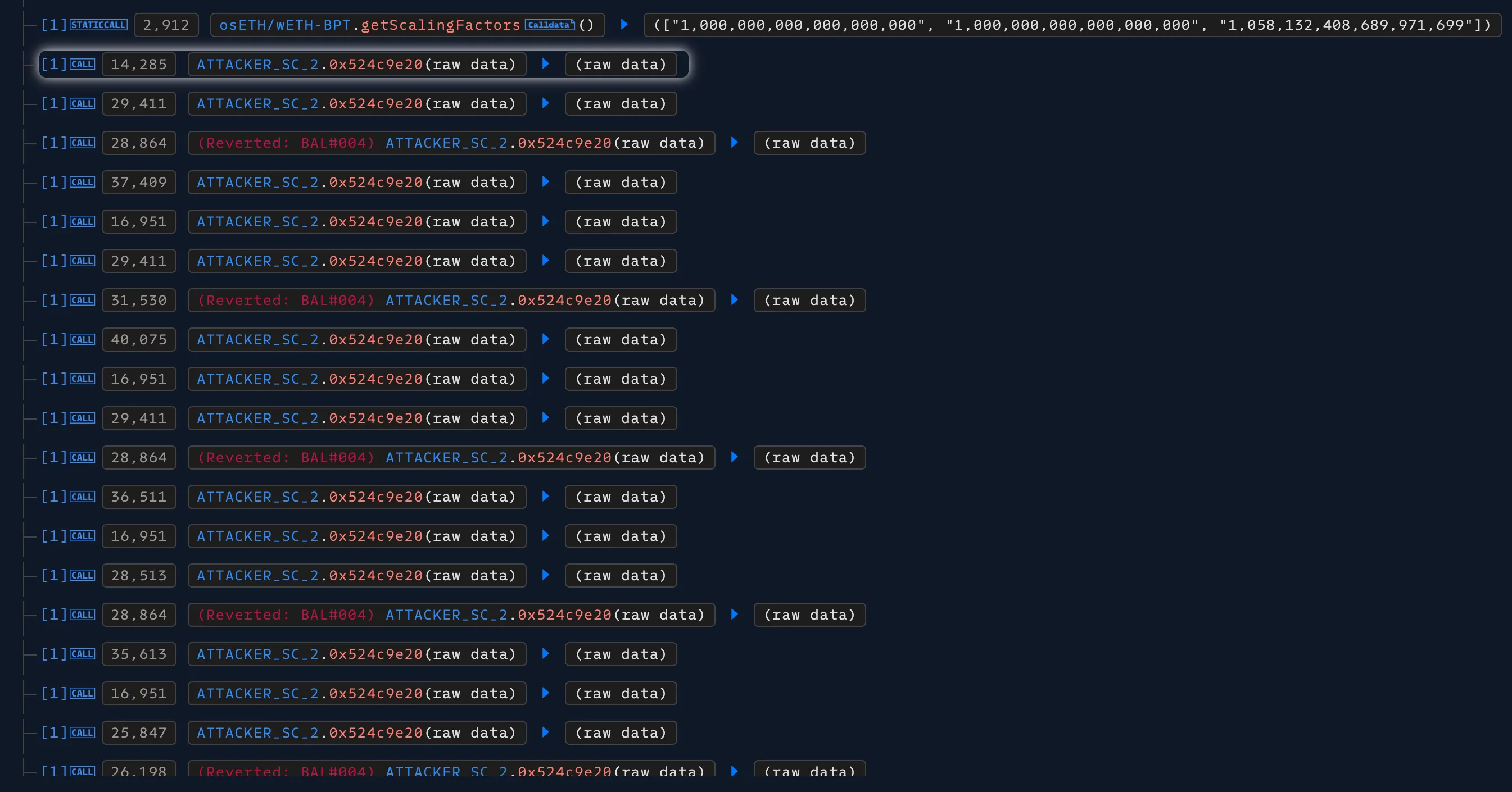 Screenshot showing the binary search steps in the transaction traces