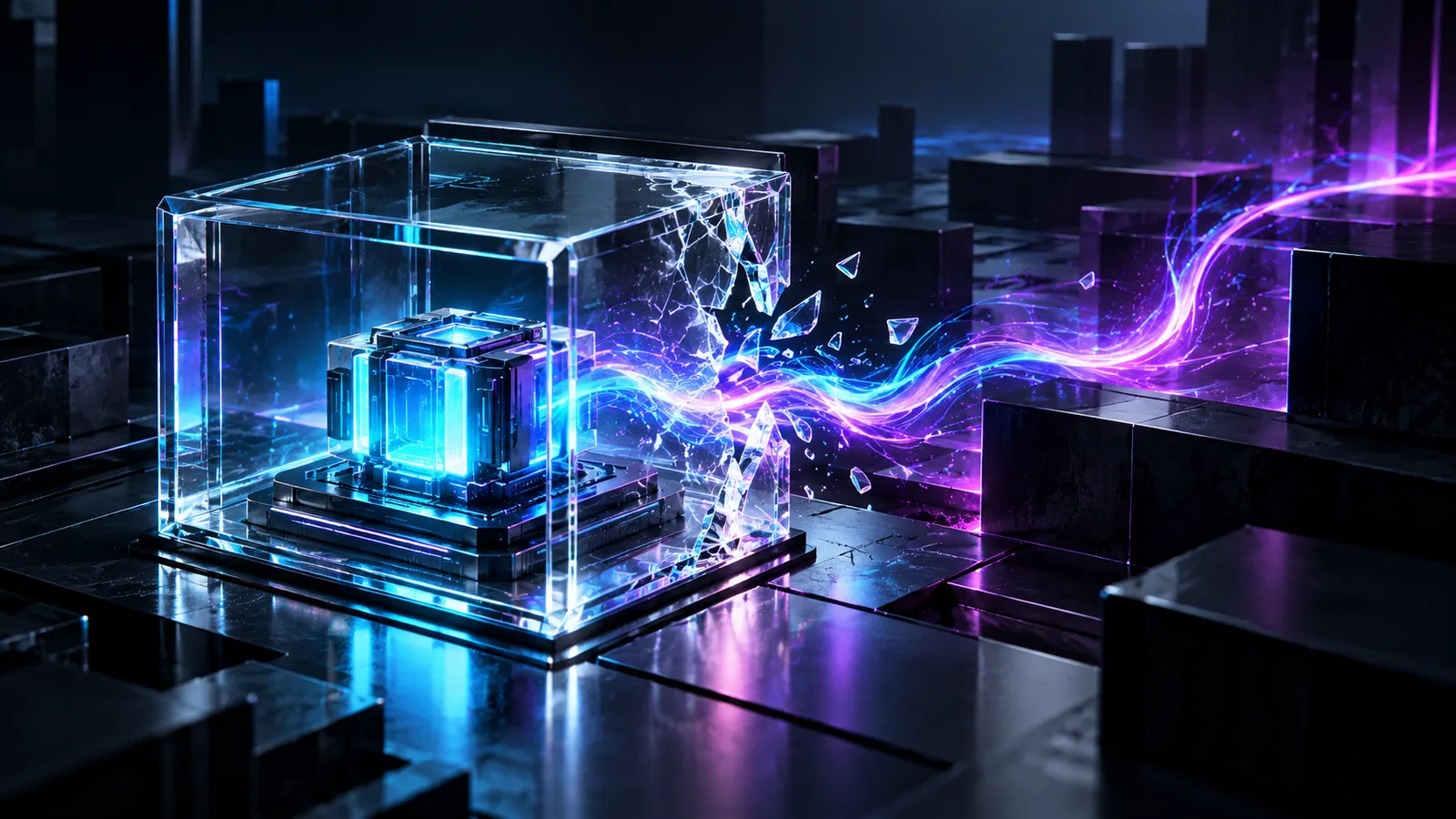 A luminous compute core inside a glass isolation cube, with light crossing a breach in its boundary