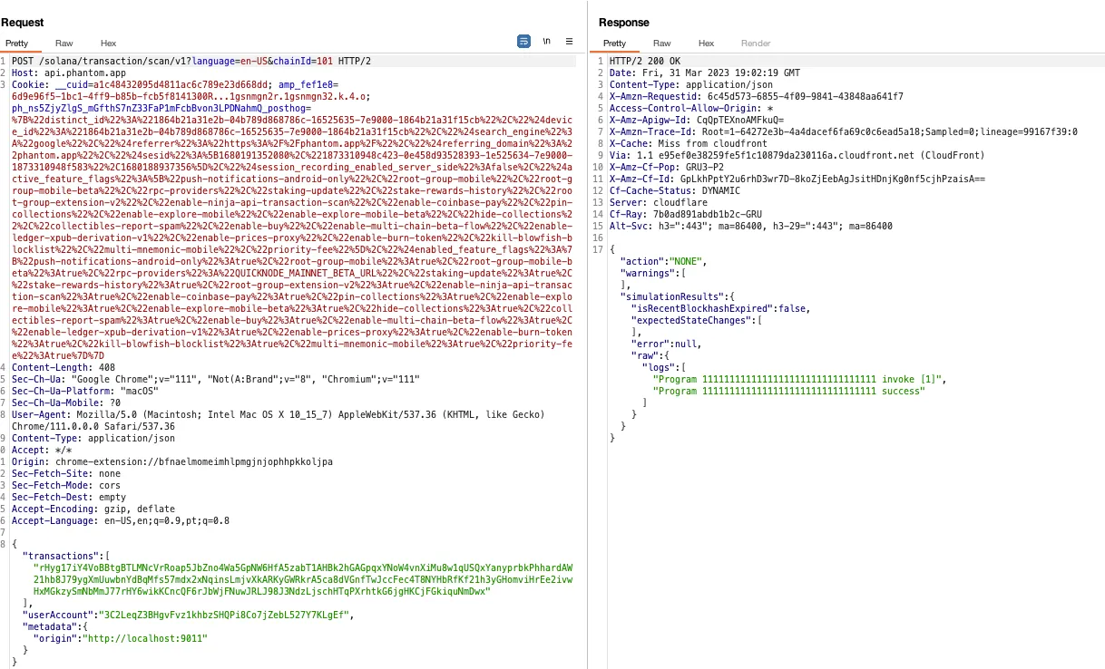 HTTP request and response for a Solana transaction, showing no changes detected