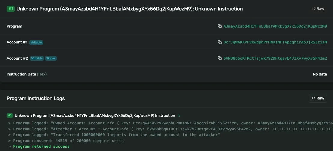 Solana Explorer showing the attacker&#x27;s transaction calling the malicious contract