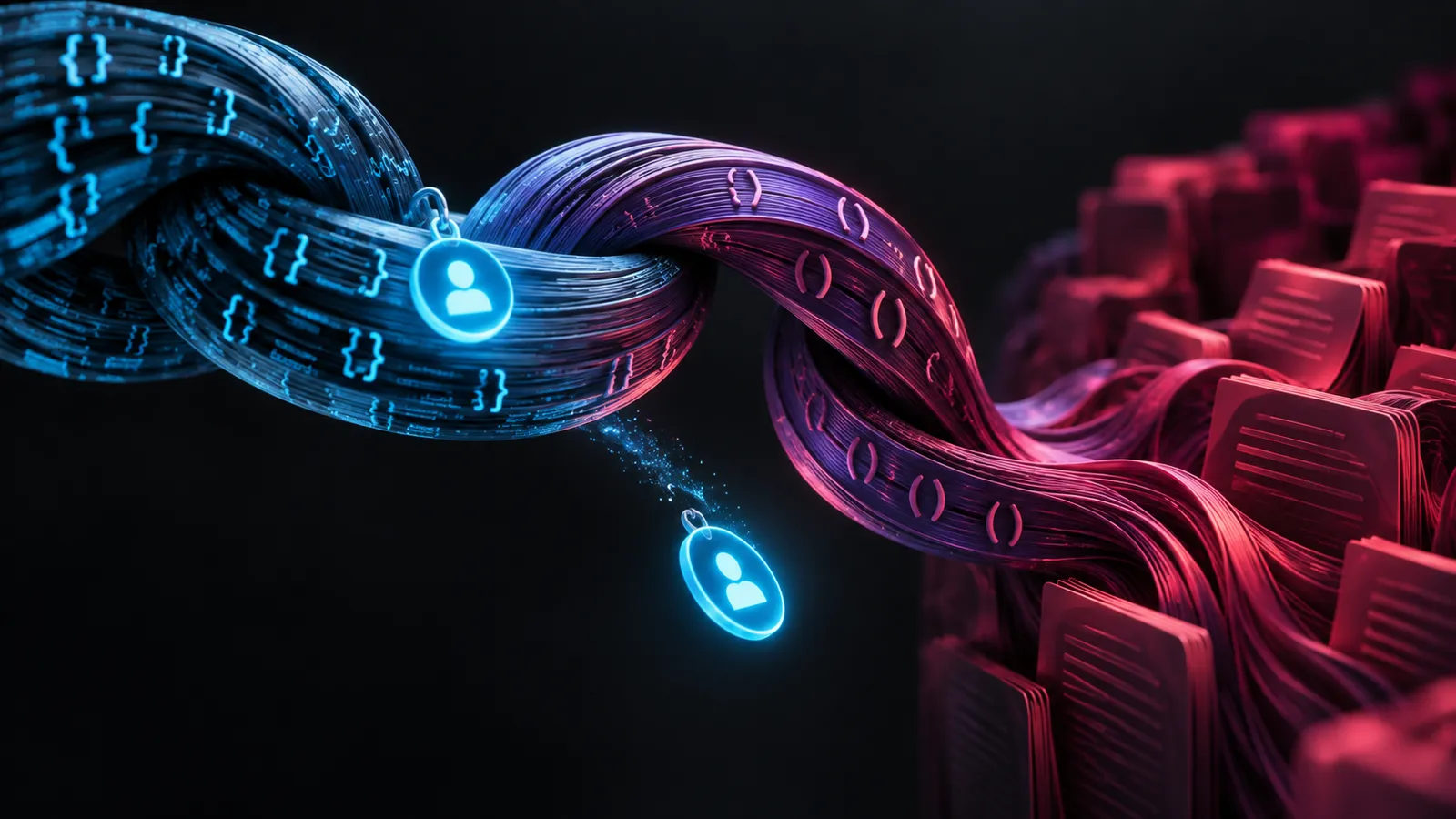 A cyan identity marker falls from a flowing code strand at a cross-language handoff as the original request reaches another agent's Store records