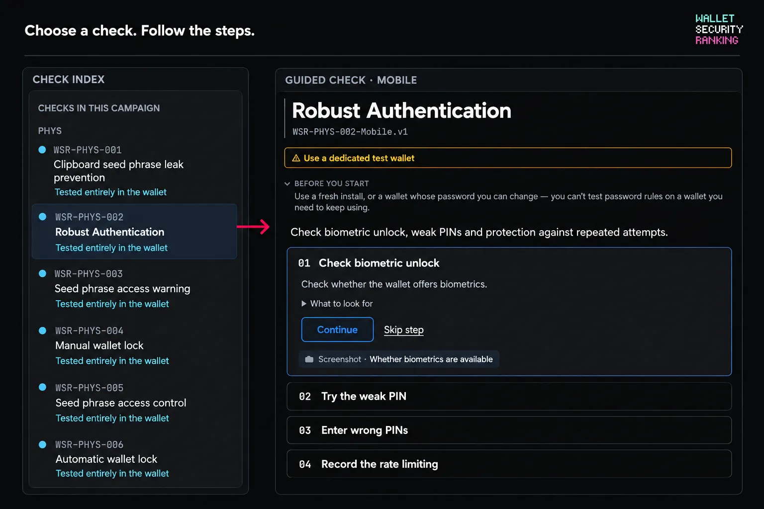 Choose a check. Follow the steps. Selecting Robust Authentication from the index and following its guided mobile-wallet checks