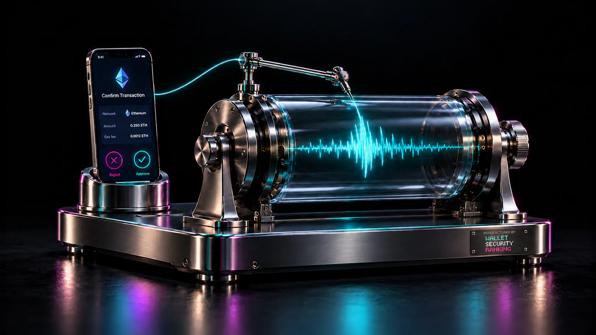 A mobile wallet connected to an iridescent seismograph recording a cyan trace
